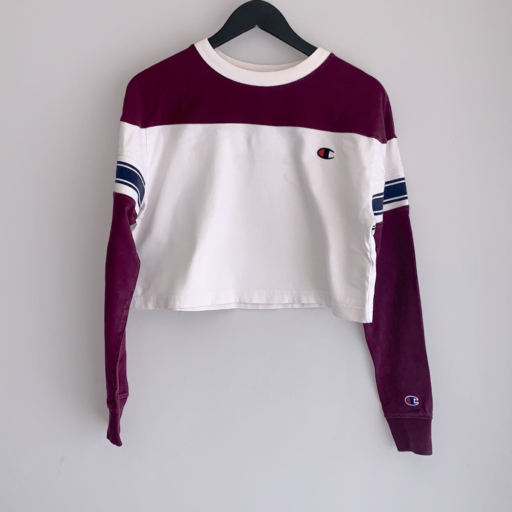 ❤️‍🔥 Champion Burgundy/Wine/White/Navy Striped Long Sleeve Almost Crop S ❤️‍🔥